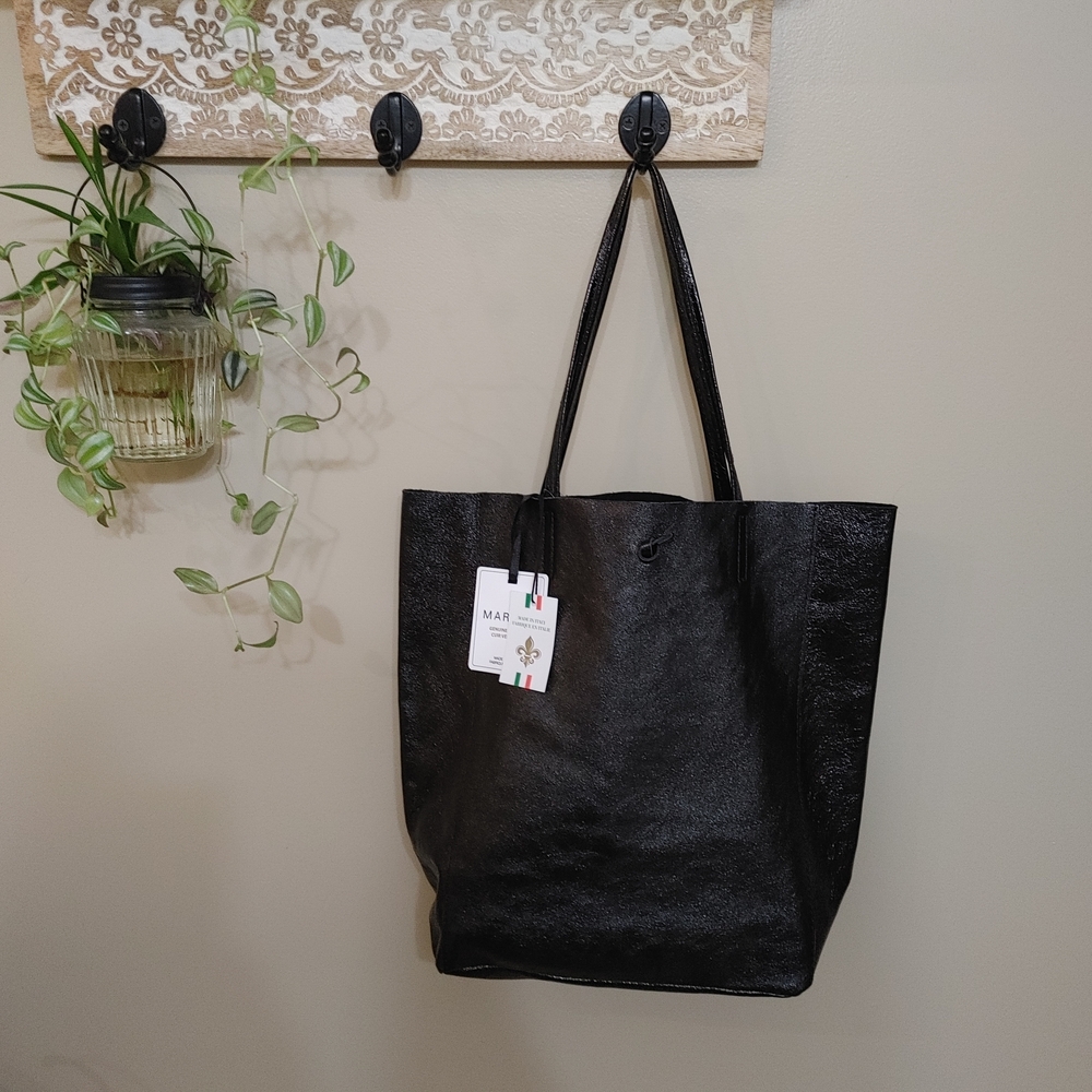 NWT Marlon Black Shiny Leather Tote Bag Purse Tie Made In Italy Interior Pouch